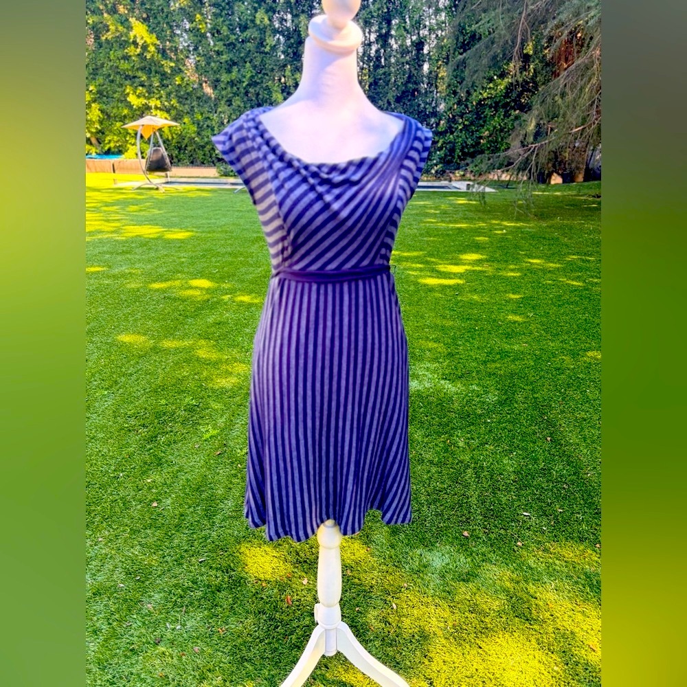 Eva Franco Navy and Black Striped Midi Dress